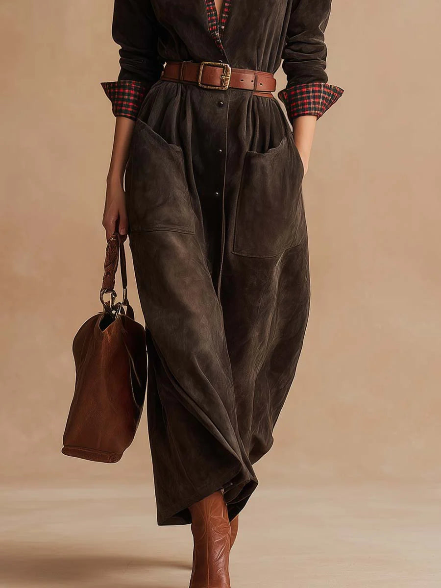 Radiyn Dark Brown Suede Plaid Collar Belted Pocket Maxi Dress
