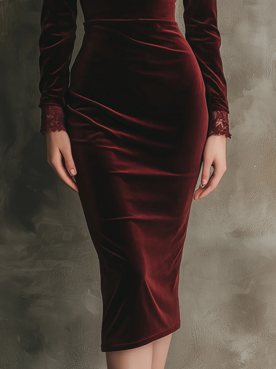 Radiyn Burgundy Velvet Deep V Neck Lace Cuff Midi Dress