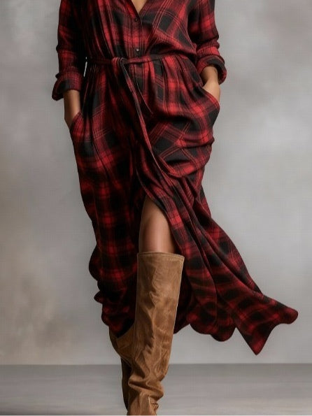 Radiyn Red Plaid Belted Long Sleeve Maxi Shirt Dress