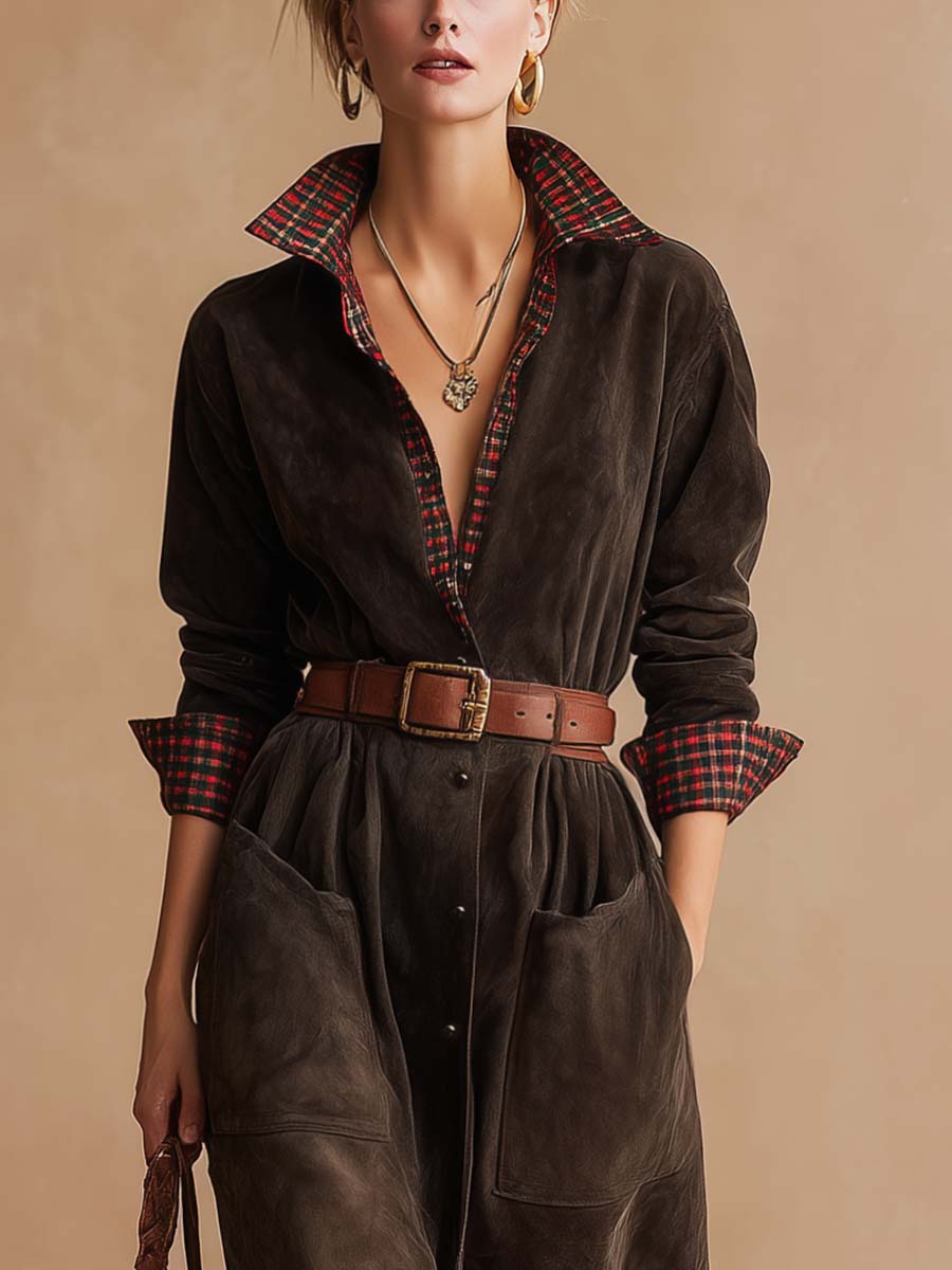 Radiyn Dark Brown Suede Plaid Collar Belted Pocket Maxi Dress