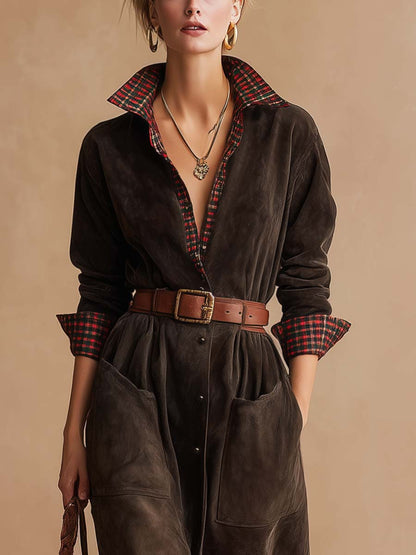 Radiyn Dark Brown Suede Plaid Collar Belted Pocket Maxi Dress