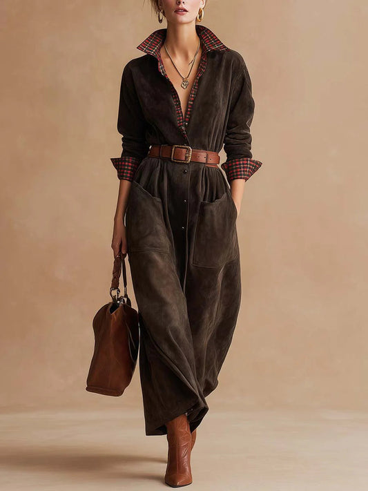 Radiyn Dark Brown Suede Plaid Collar Belted Pocket Maxi Dress