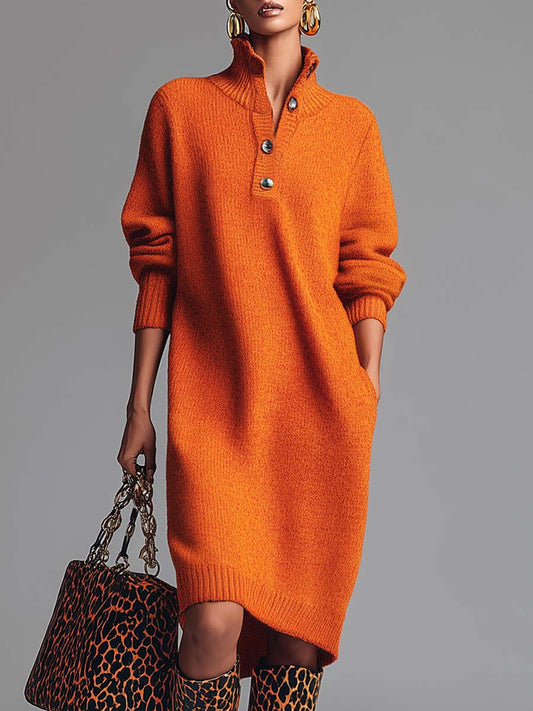 Radiyn Orange Mock Neck Button Front Oversized Knit Midi Dress