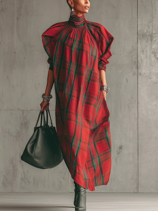 Radiyn Bold Red Plaid Turtleneck Draped Batwing Maxi Dress