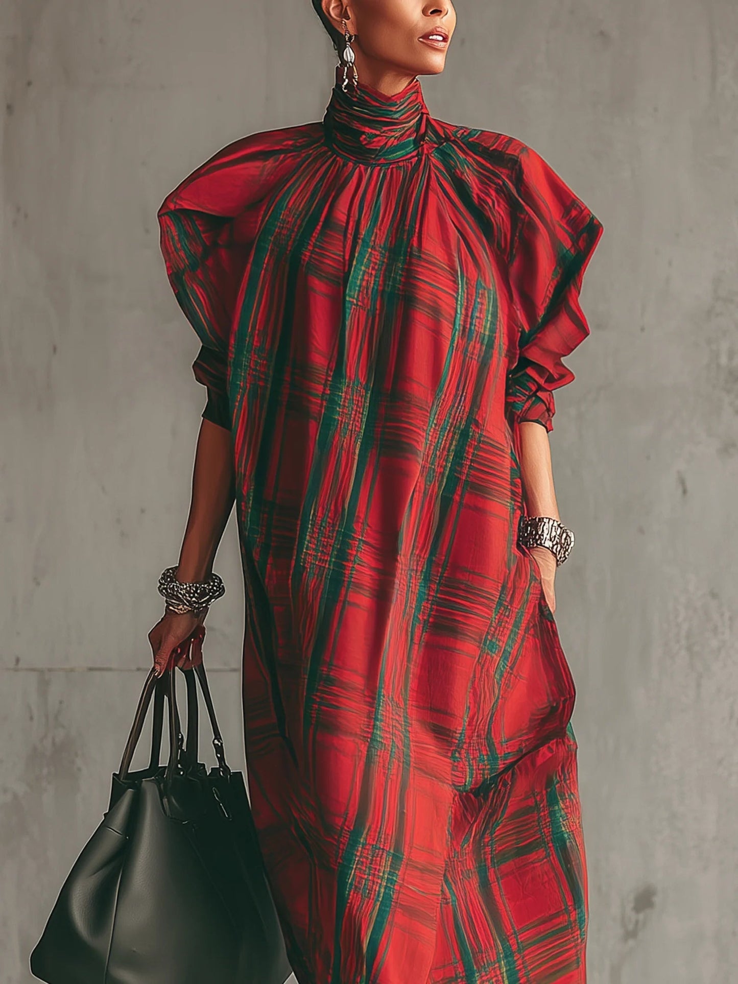 Radiyn Bold Red Plaid Turtleneck Draped Batwing Maxi Dress