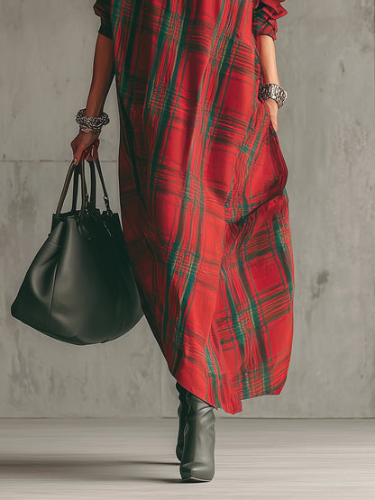 Radiyn Bold Red Plaid Turtleneck Draped Batwing Maxi Dress