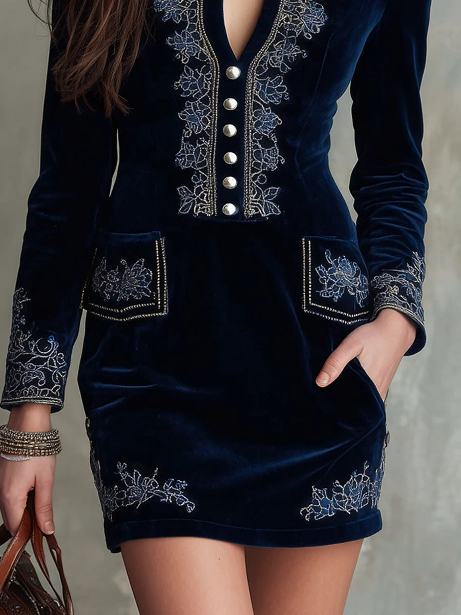 Radiyn Navy Velvet Bodycon Dress Silver Embroidery Button
