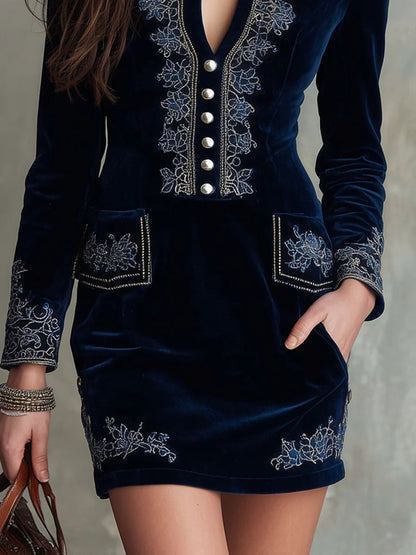 Radiyn Navy Velvet Bodycon Dress Silver Embroidery Button