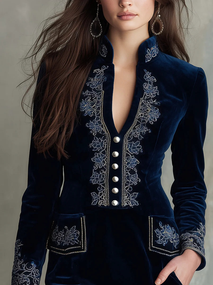 Radiyn Navy Velvet Bodycon Dress Silver Embroidery Button