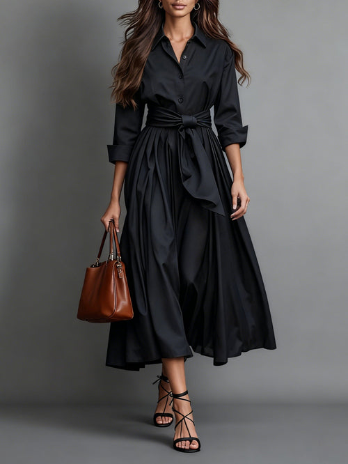 Radiyn Button Front Tie Waist Flowy Maxi Shirt Dress