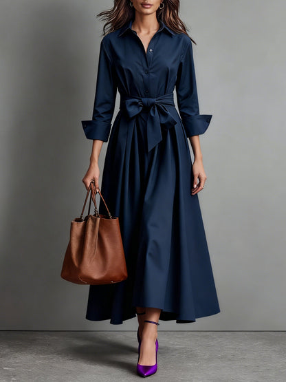 Radiyn Button Front Tie Waist Flowy Maxi Shirt Dress