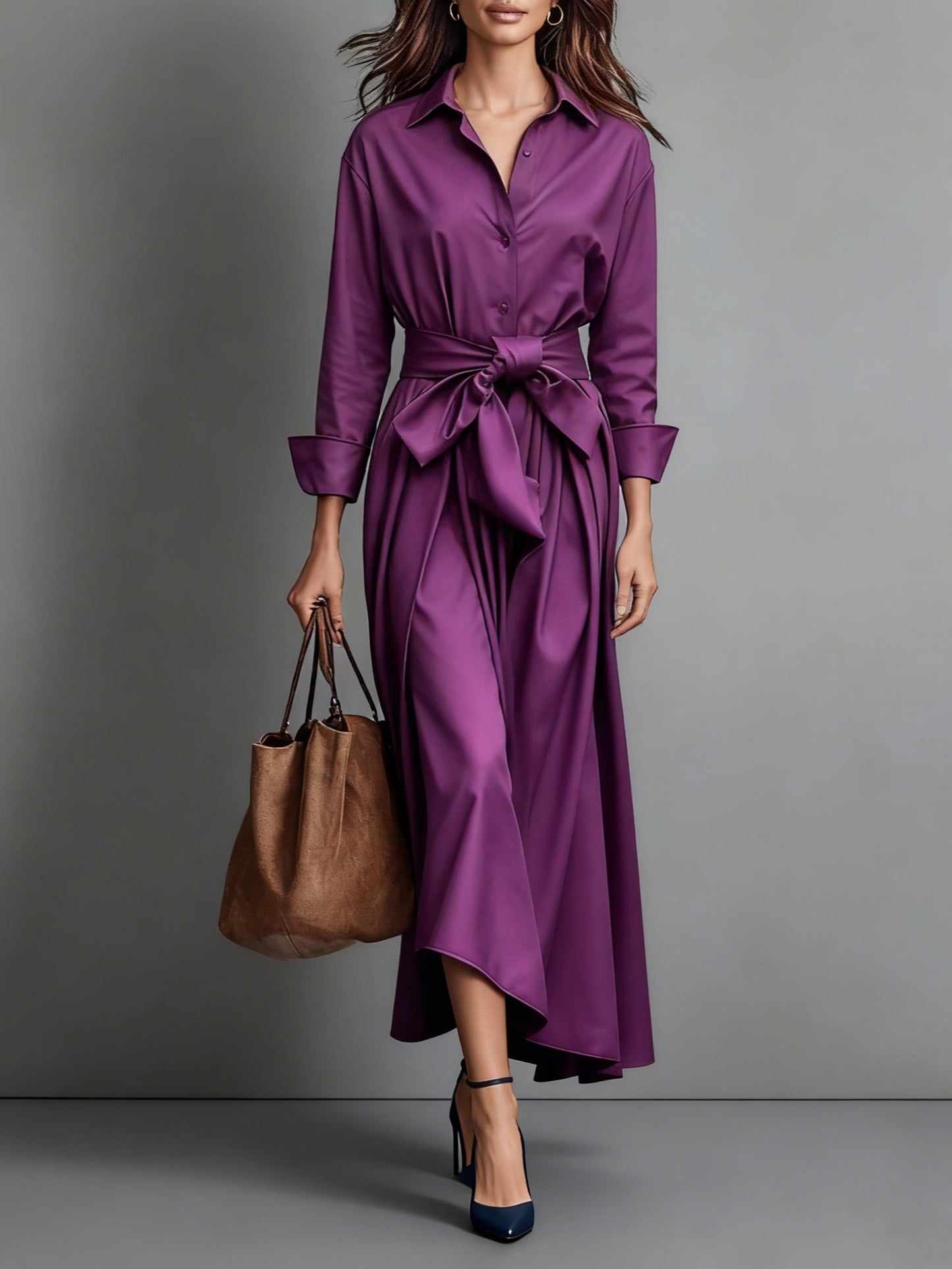 Radiyn Button Front Tie Waist Flowy Maxi Shirt Dress