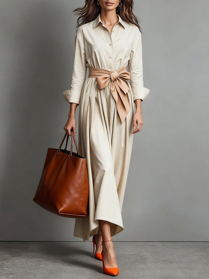 Radiyn Button Front Tie Waist Flowy Maxi Shirt Dress