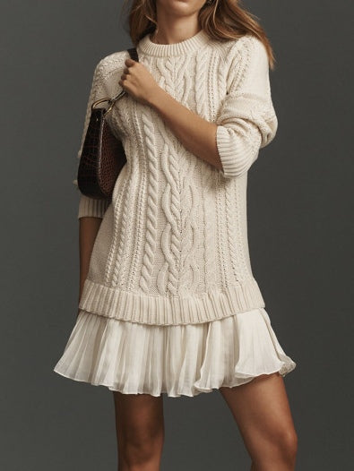 Radiyn Cream Cable Knit Sweater Pleated Hem Mini Dress