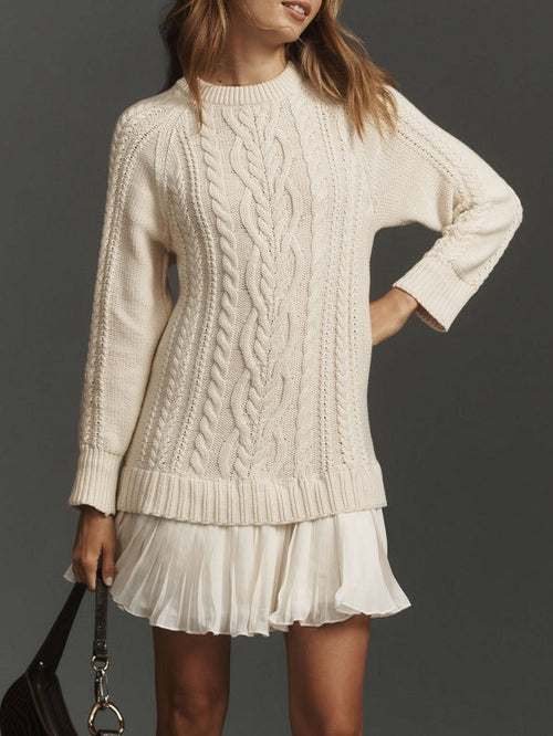 Radiyn Cream Cable Knit Sweater Pleated Hem Mini Dress
