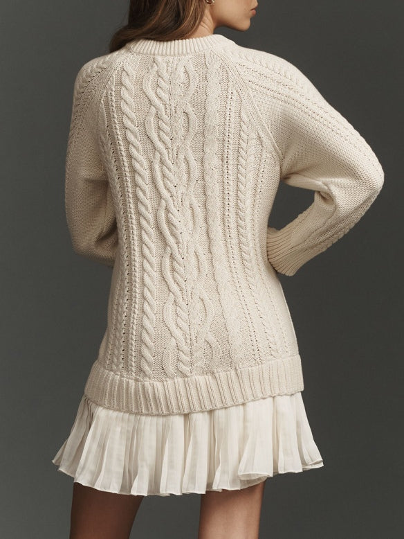 Radiyn Cream Cable Knit Sweater Pleated Hem Mini Dress