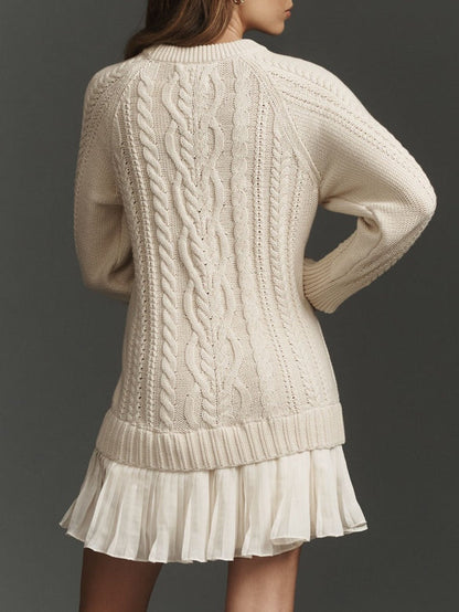 Radiyn Cream Cable Knit Sweater Pleated Hem Mini Dress