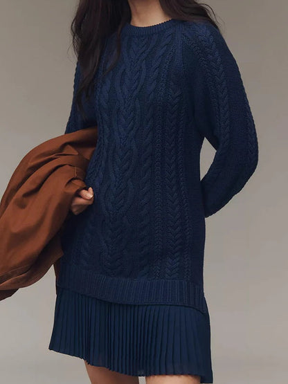 Radiyn Cream Cable Knit Sweater Pleated Hem Mini Dress