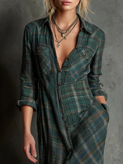 Radiyn Green Plaid Button Front Long Sleeve Maxi Shirt Dress