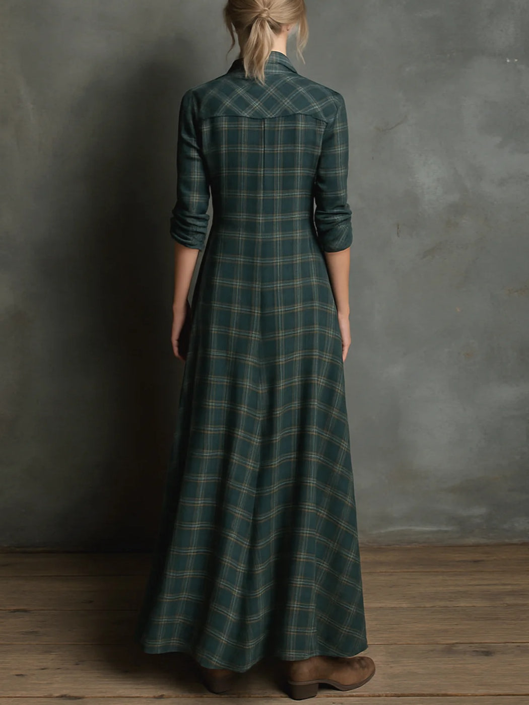 Radiyn Green Plaid Button Front Long Sleeve Maxi Shirt Dress