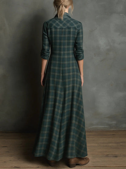 Radiyn Green Plaid Button Front Long Sleeve Maxi Shirt Dress