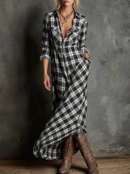 Radiyn Green Plaid Button Front Long Sleeve Maxi Shirt Dress