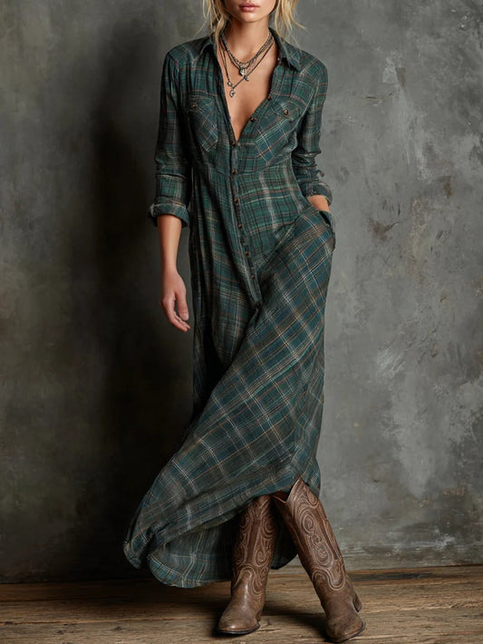 Radiyn Green Plaid Button Front Long Sleeve Maxi Shirt Dress