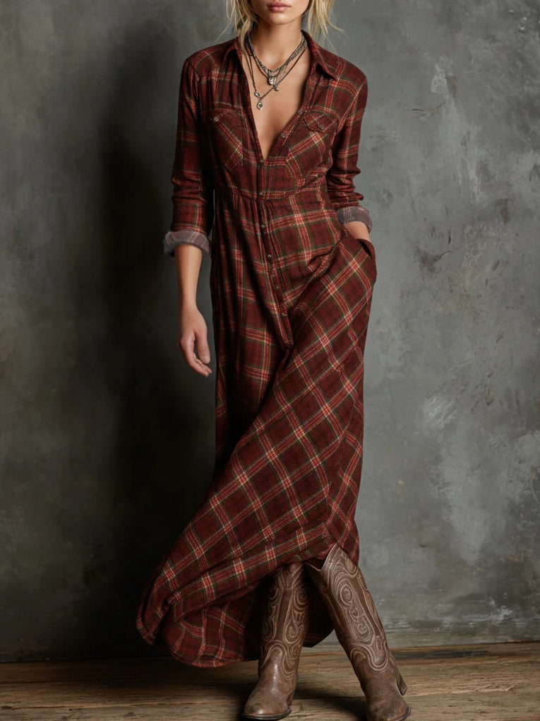 Radiyn Green Plaid Button Front Long Sleeve Maxi Shirt Dress