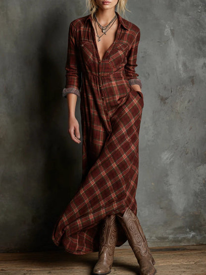 Radiyn Green Plaid Button Front Long Sleeve Maxi Shirt Dress