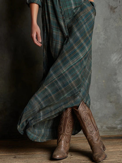Radiyn Green Plaid Button Front Long Sleeve Maxi Shirt Dress