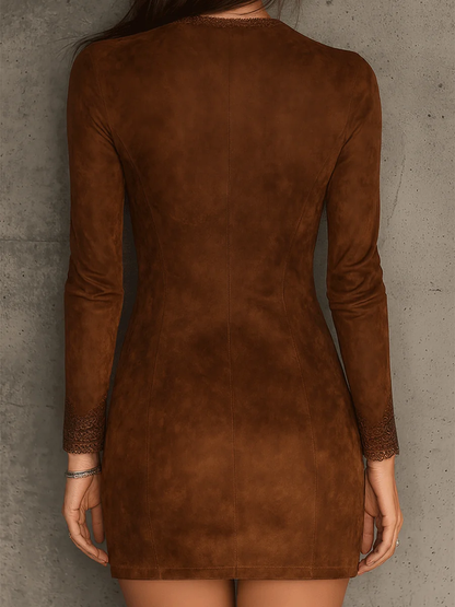 Radiyn Brown Suede Lace Trim Zip Front Mini Dress