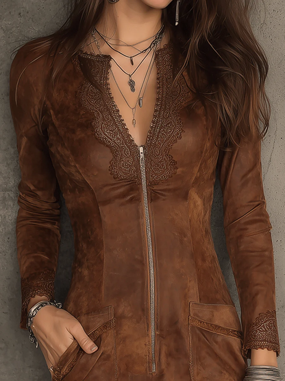 Radiyn Brown Suede Lace Trim Zip Front Mini Dress
