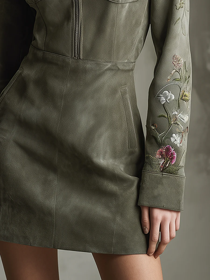 Radiyn Green Faux Suede Half Zip Floral Embroidery Mini Dress
