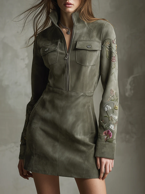 Radiyn Green Faux Suede Half Zip Floral Embroidery Mini Dress