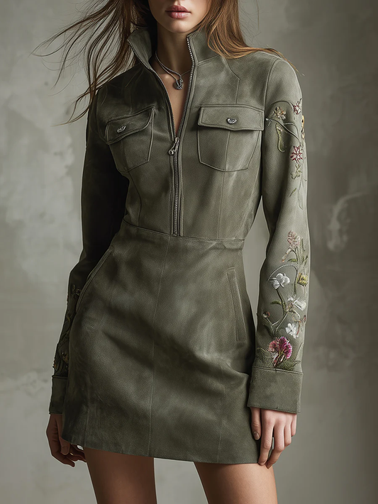 Radiyn Green Faux Suede Half Zip Floral Embroidery Mini Dress