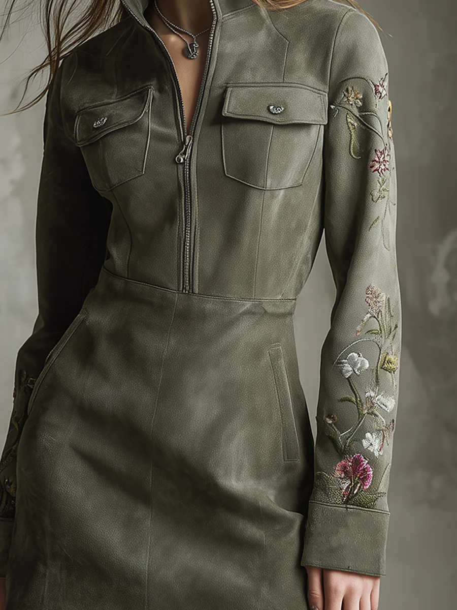 Radiyn Green Faux Suede Half Zip Floral Embroidery Mini Dress