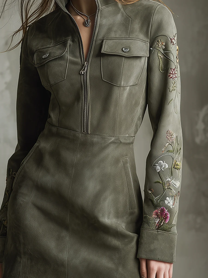 Radiyn Green Faux Suede Half Zip Floral Embroidery Mini Dress