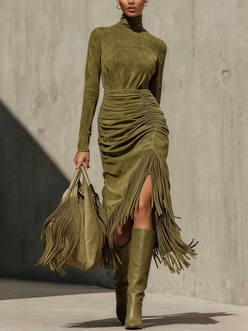 Radiyn Olive Suede Turtleneck Ruched Fringe Hem Midi Dress