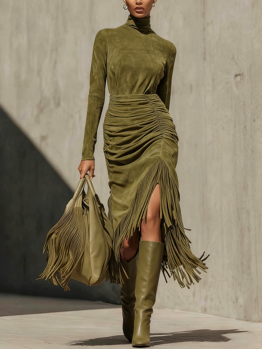 Radiyn Olive Suede Turtleneck Ruched Fringe Hem Midi Dress