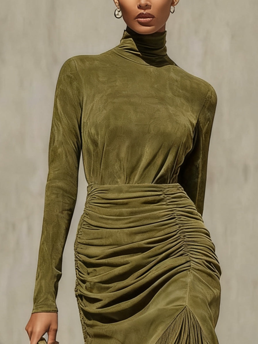 Radiyn Olive Suede Turtleneck Ruched Fringe Hem Midi Dress