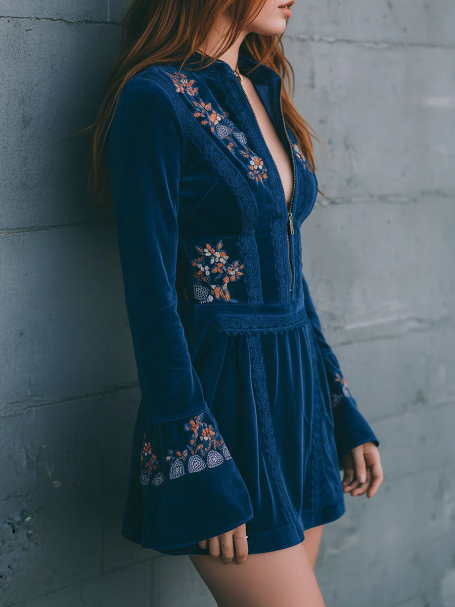 Radiyn Blue Velvet Floral Embroidered Zip Front Mini Dress