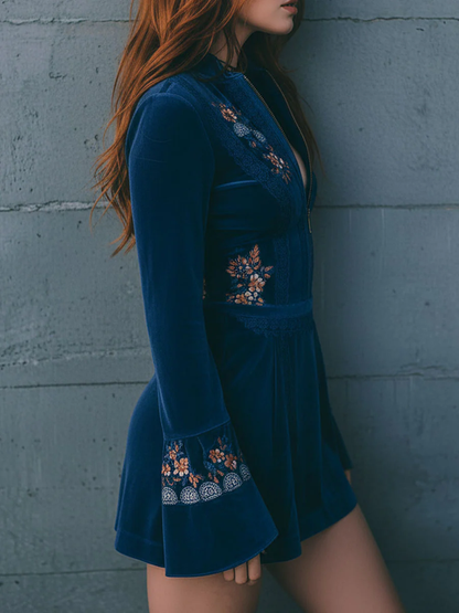 Radiyn Blue Velvet Floral Embroidered Zip Front Mini Dress