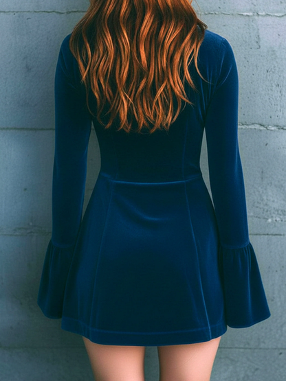 Radiyn Blue Velvet Floral Embroidered Zip Front Mini Dress