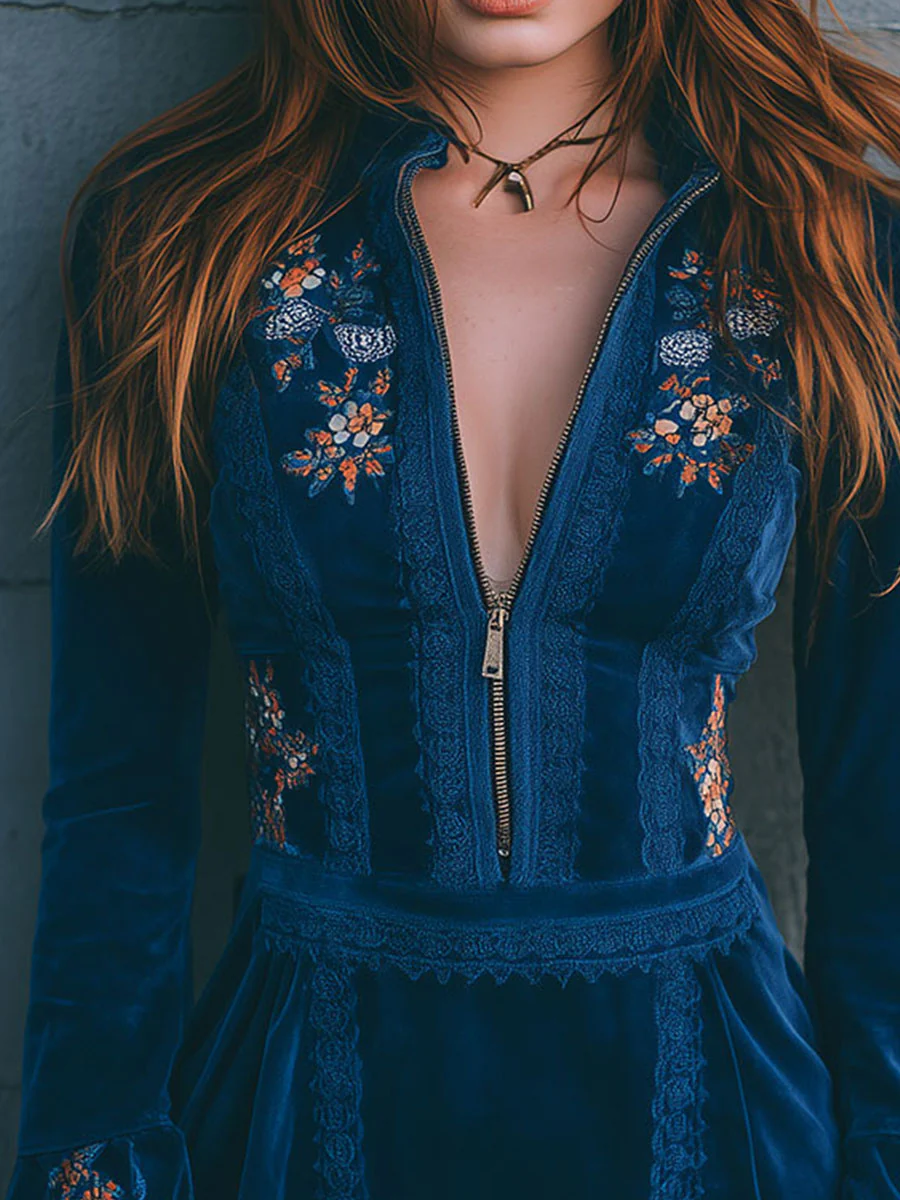 Radiyn Blue Velvet Floral Embroidered Zip Front Mini Dress