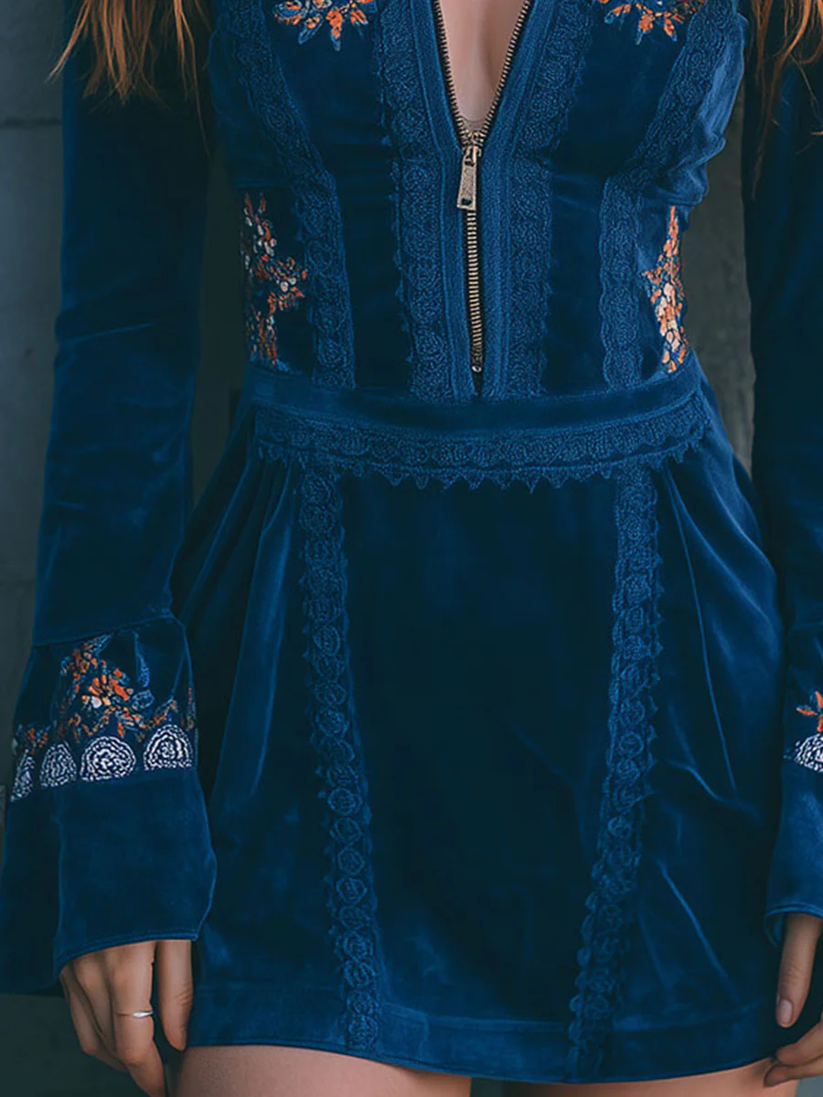 Radiyn Blue Velvet Floral Embroidered Zip Front Mini Dress