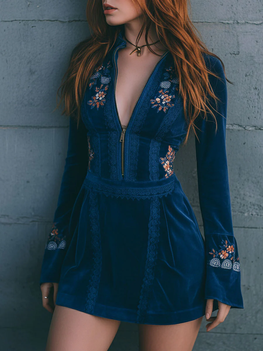 Radiyn Blue Velvet Floral Embroidered Zip Front Mini Dress