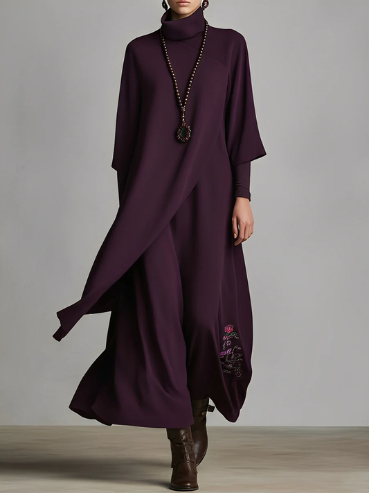 Radiyn Plum High Neck Batwing Sleeve Asymmetric Maxi Dress