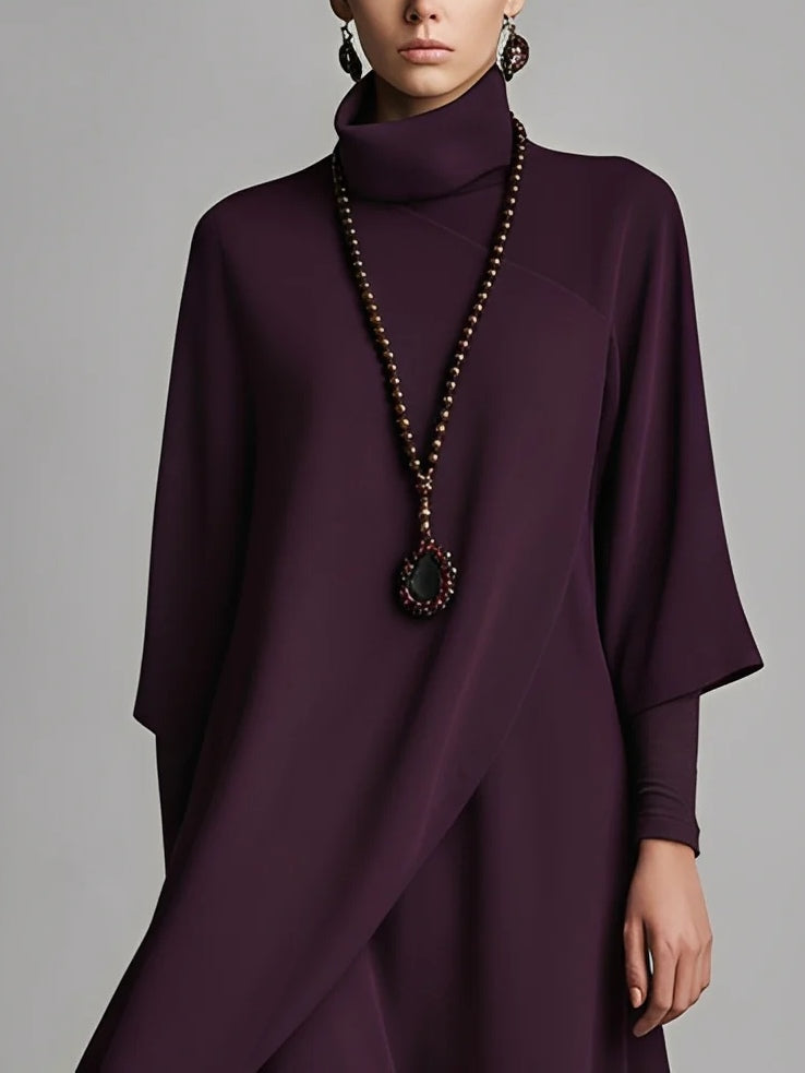 Radiyn Plum High Neck Batwing Sleeve Asymmetric Maxi Dress