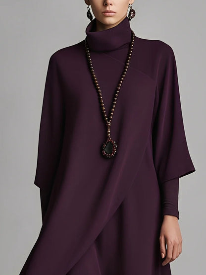 Radiyn Plum High Neck Batwing Sleeve Asymmetric Maxi Dress