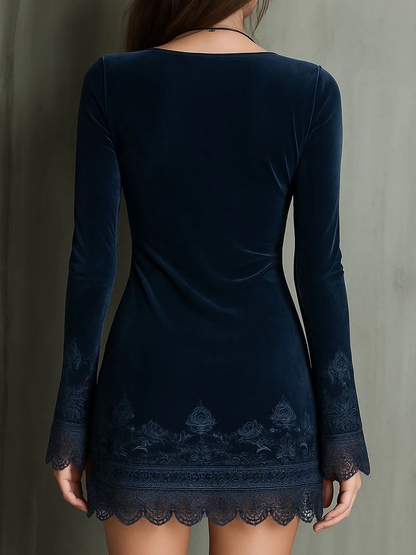 Radiyn Navy Velvet V Neck Lace Trim Bell Sleeve Mini Dress